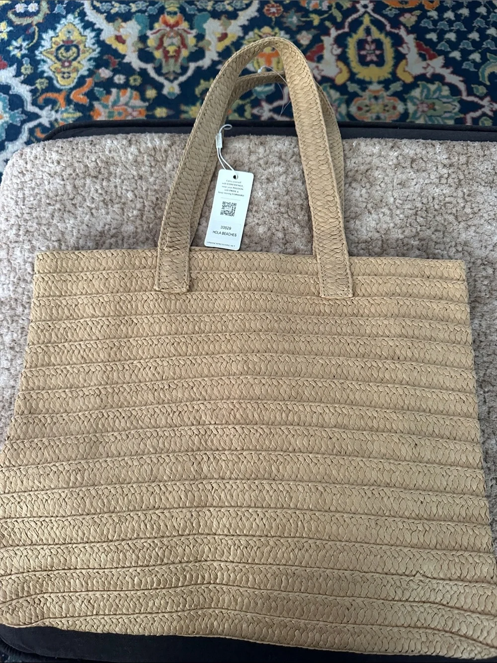 Urban Expresdions Tan Straw Tote with Pearl 'HOLA BEACHES' Lettering